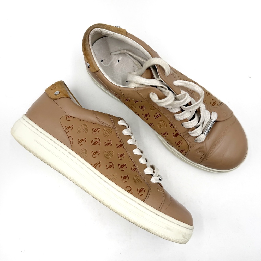 Jimmy Choo Rome Low Top Sneakers Caramel Tan Monogram Leather Sz 37.5 / 7.5